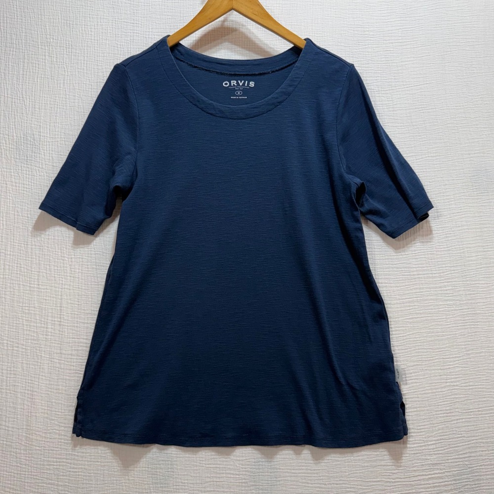 Orvis T-Shirt Womens M Navy Blue Pima Cotton Slub Short Sleeve Side Vent Capsule